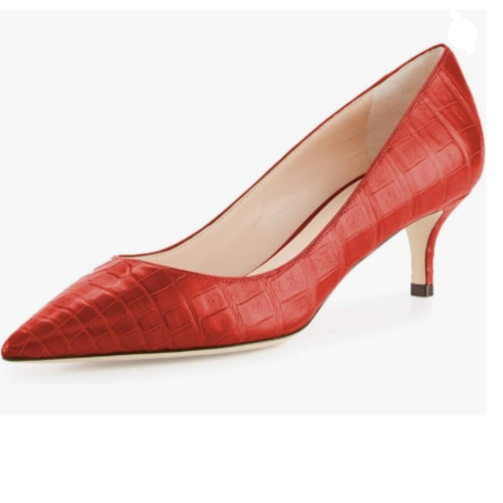 YDN Red Croc-Embossed Pointed Toe Kitten Heel Pumps